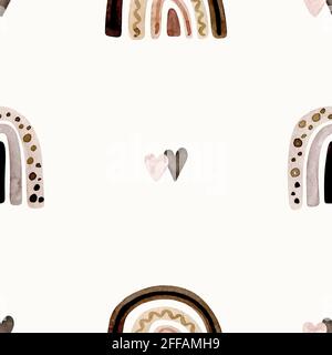 Aquarell skandinavische Regenbogen Muster ohne Muster in pastellbraunen rosa Farben. Baby junge und Mädchen Hintergrund Papier srapbooking Design Illustrationen. Ne Stockfoto
