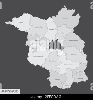 Das Land Brandenburg, isolierte Karte in Bezirke mit Beschriftungen, Deutschland Stock Vektor