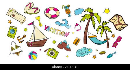 Strand Thema Doodle Set. Am Meer sportliche Aktivitäten Stock Vektor