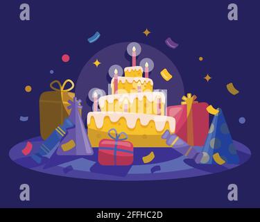 Vector flache Stil moderne Illustration Kuchen mit Kerzen, Geschenke und Konfetti. Geburtstagsfeier Konzept. Für Druck, Design, Dekoration, Karten, invitati Stock Vektor