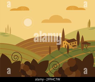 Itallian Weingut Sonnenuntergang Landschaft Vektor flach bunte Illustration. Horizontale Weintrauben Hügel Konzepte für Web. Für Druck, Design, Aufkleber, decora Stock Vektor