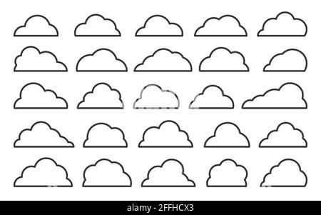 Wolken schwarz dünne Linie Symbol gesetzt. Übersicht über Datenbank, Netzwerk, Internet Cloud Storage-Zeichen. Verschiedene Formen abstrakten flauschigen linearen Wettervorhersage Symbol. Logo der Sprechblase, Designvorlage für Webbanner Stock Vektor