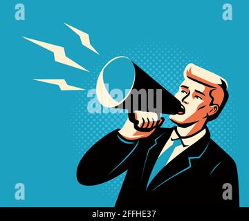 Mann im Business-Anzug mit Lautsprecher oder Megaphon. Vektor-Illustration im Pop-Art-Comic-Stil Stock Vektor