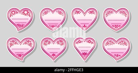 Herz rosa Sticker Icon Set. Blumenmuster Liebe Etiketten. Vintage niedliche Notizblatt-Kollektion. Retro romantische Herz Form Textrahmen für Hochzeit Einladung, valentinstag Grußkarte, Preisschild Stock Vektor