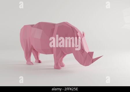Niedrig poly rosa Nashorn isoliert auf weißem Hintergrund. 3d-Rendering. Cartoon-Kreatur Stockfoto