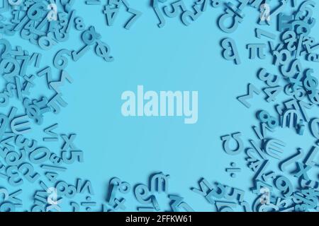 Blaue Zahlen und mathematische Symbole Hintergrund. 3d-Illustration. Stockfoto