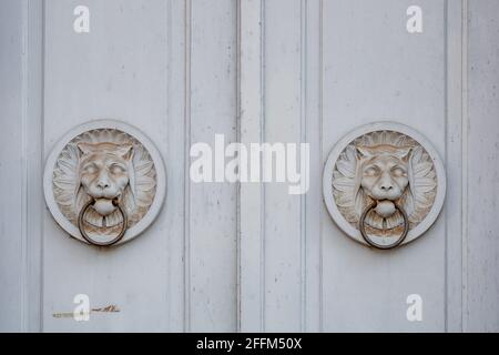 Detail von zwei weißen antiken Tiger- oder Löwenbas Reliefskulpturen und Metall-Türknockerringen auf hölzerner weißer Tür. Stockfoto