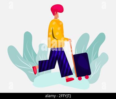 Junger Mann geht Urlaub mit Aktentasche Vektor-Illustration in der Wohnung Stil Stock Vektor