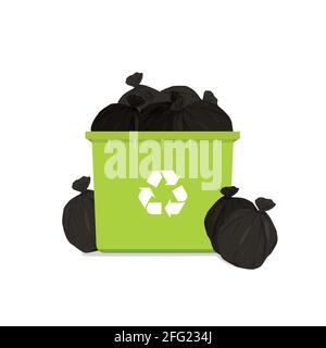 Overflowing green garbage bin with household waste isolated on white background. Stock Vektor