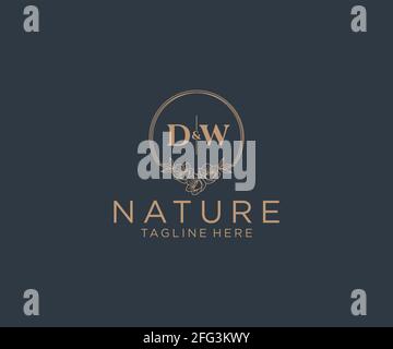 DW-Buchstaben Blumenrahmen. Botanical feminin editierbar vorgefertigte monoline einzigartige Dekoration für Grußkarte, Hochzeitseinladung. Stock Vektor
