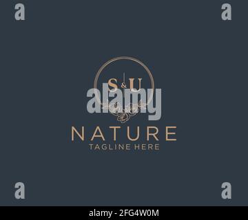 SU Buchstaben Blumenrahmen. Botanical feminin editierbar vorgefertigte monoline einzigartige Dekoration für Grußkarte, Hochzeitseinladung. Stock Vektor