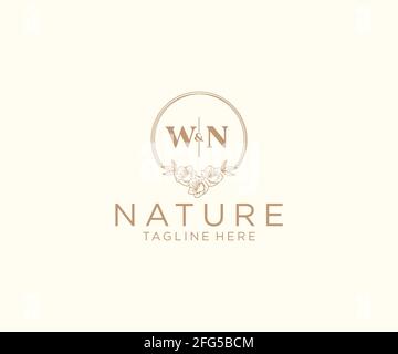 WN-Buchstaben Blumenrahmen. Botanical feminin editierbar vorgefertigte monoline einzigartige Dekoration für Grußkarte, Hochzeitseinladung. Stock Vektor