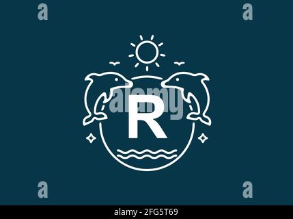 Weiß-blaue Farbe des R-Anfangsbuchstabens bei Delphin und ocean Frame-Design Stock Vektor