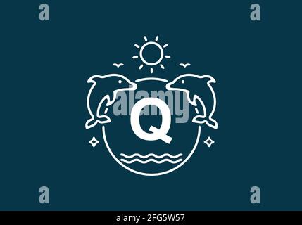 Weiße blaue Farbe des Q-Anfangsbuchstabens bei Delphin und ocean Frame-Design Stock Vektor