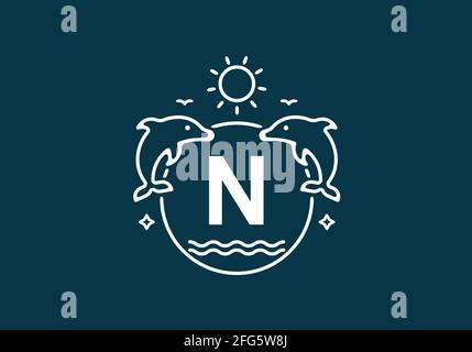 Weiße blaue Farbe des Anfangsbuchstabens N bei Delphin und ocean Frame-Design Stock Vektor