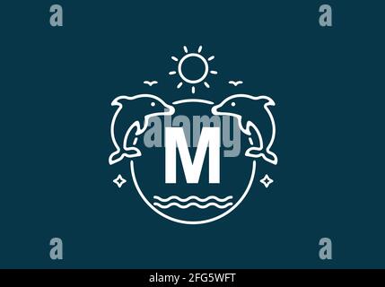 Weiße blaue Farbe des Anfangsbuchstabens M bei Delphin und ocean Frame-Design Stock Vektor
