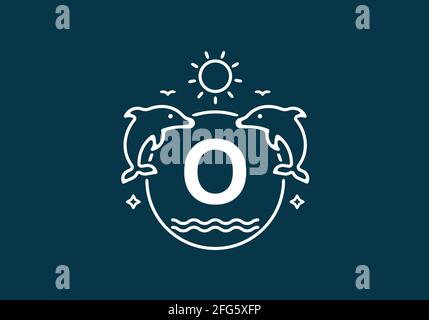 Weiße blaue Farbe des O-Anfangsbuchstabens bei Delphin und ocean Frame-Design Stock Vektor