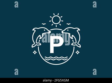 Weiß-blaue Farbe des Anfangsbuchstabens P bei Delphin und ocean Frame-Design Stock Vektor