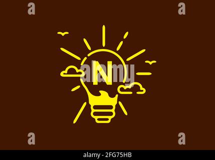 Gelbe Farbe des Anfangsbuchstabens N in Form einer Glühlampe mit Dunkles Hintergrunddesign Stock Vektor