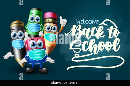 Zurück zur Schule Zeichen Vektor Vorlage Design. Willkommen zurück in der Schule Text im Raum mit 3d-Charakter wie Notizbuch, Kugelschreiber, Bleistift und Marker. Stock Vektor