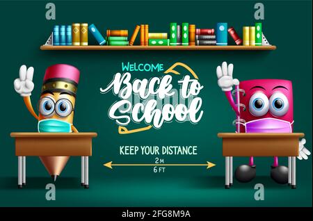 Zurück zur Schule Charakter Vektor-Design. Willkommen zurück in der Schule Text mit Bleistift und Notebook 3d-Zeichen im Klassenzimmer Hintergrund sitzen auf dem Schreibtisch. Stock Vektor