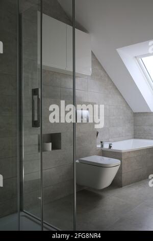 Modernes Bad in grauen Farben in einfachem Stil Stockfoto