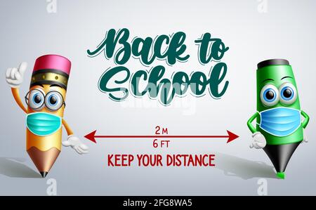 Back to School Vektor Banner Design. Zurück in die Schule Text mit 3d-Zeichen wie Bleistift und Marker in sozialen Distanzierung mit Gesichtsmaske Element. Stock Vektor