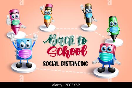 Schule soziale Distanzierung Vektor Banner Design. Zurück zur Schule sozialer distanzierender Text mit 3d-Bildungscharakter für neue normale Bildungskampagne. Stock Vektor