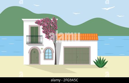Typisches weißes mediterranes Haus an der Küste Stock Vektor