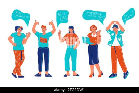 Fröhliche moderne junge Menschen stehen mit positiven Gesten und Blasen mit inspirierenden Sprüchen über ihren Köpfen, Cartoon-Vektor-Illustration isol Stock Vektor