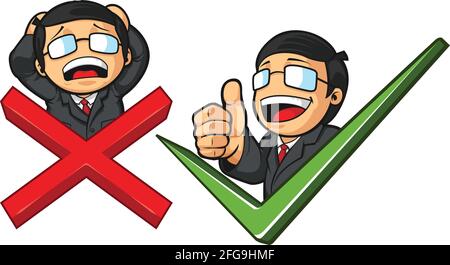 Company Executive Check Cross Mark Symbol Cartoon Vektor Zeichnung Stock Vektor