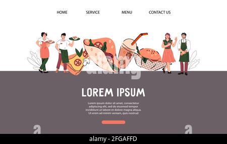 Webseite Design Vorlage für Restaurant oder Café mit Comic-Figuren von Küchenpersonal, Vektor-Illustration. Banner auf der Website mit Restaurantmitarbeitern Stock Vektor