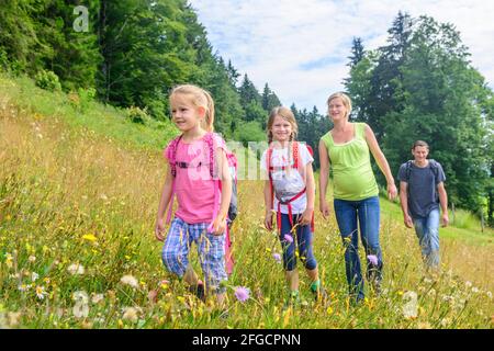 Junge Familie eine Wanderung in der Natur des Alpenvorlandes in der Nähe von Sulzberg in Westösterreich Stockfoto