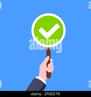 Hand halten Häkchen kreuzen Runde Banner Platte Business-Konzept flache Stil Design Vektor Illustration. Banner für das Demonstrationsplakat oder Wahlvotintest Stock Vektor