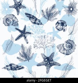 Monochromes, nahtloses Aquarell-Muster mit blumigen Muscheln, Sternen und marineblümten Blüten auf dem Sand für ein dekoratives Design. Silhouetten der Meeresflora. Wat Stockfoto