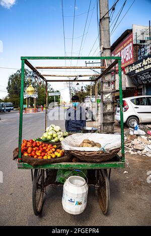 Porträt eines Straßenverkäufers, der Gemüse während der Sperre in delhi verkauft. Stockfoto