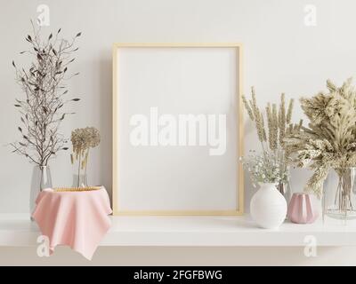 Holzrahmen auf weißem Regal in hellen Innenraum mit lehnt Pflanzen auf dem Tisch mit Pflanzen in Töpfen auf leer Wandhintergrund.3D-Rendering Stockfoto