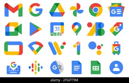 Vinnytsia, Ukraine - 23. April 2021: Set von neuen Google-Produkt-Icons. Offizielle Anwendung Symbol Google. Vektorgrafik EPS10 Stock Vektor