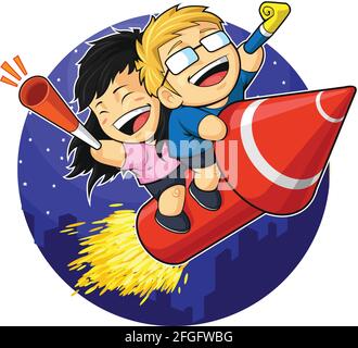 Silvesterfeier Feuerwerk Cartoon Vektor Illustration Zeichnung Stock Vektor