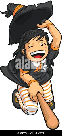Halloween Hexe Besen Flying Girl Kostüm Cartoon Illustration Zeichnung Stock Vektor