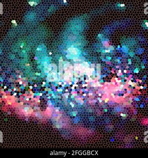 Feines mehrfarbiger Buntglasfenster. Vektorgrafik. Magischer Hintergrund. Sonnenstrahlen durchdringen ein bbuntes Buntglasfenster. Lumino Stockfoto