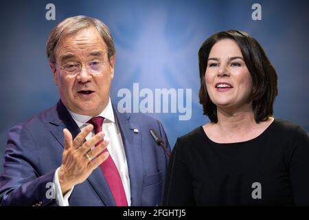 Bielefeld, Deutschland. April 2021. FOTOMONTAGE: Die Kanzlerkandidaten der CDU CSU und Buendnis90/dieGruenen zur Bundestagswahl 2021: Von links: Armin LASCHET (CDU), Annalena BAERBOCK, (Buendnis 90/die Gruenen). Credit: dpa/Alamy Live News Stockfoto