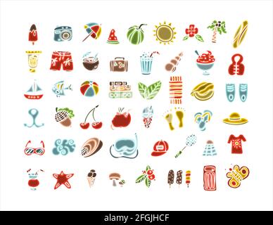 Ein Big Vector Doodle Sommer Set. Handzeichzubehör für Strandurlaub am Meer. Flaches Design Illustration für Werbung, Web, Flyer und Banner. Eingestellt Stock Vektor