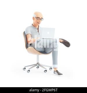3d-Senior-Mann sitzt auf einem Stuhl mit Laptop, Illustration isoliert auf weißem Hintergrund Stockfoto