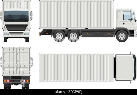 Container Truck Vektor-Vorlage mit einfachen Farben ohne Verläufe und Effekte. Ansicht von der Seite, vorne, hinten und oben Stock Vektor