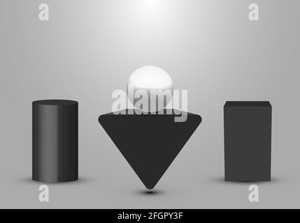 3D realistischer schwarzer geometrischer Sockel, Dreieck, Box Studio-Raum mit hellem Produktregal auf weißem Hintergrund. Vektorgrafik Stock Vektor