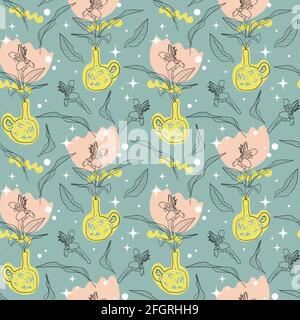 Nahtlose Muster mit Linie Kunst Topfhaus Pflanze Canna Lily Und abstrakte Formen Stock Vektor
