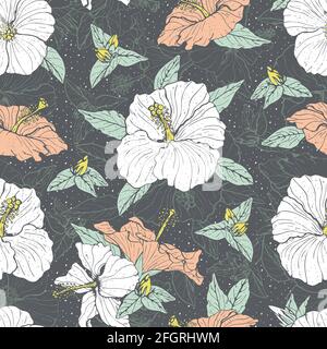 Nahtloses Vintage-Muster mit weißen und rosa Hibiskusblüten, Knospen und Blättern, mit grauem Umriss. Stock Vektor