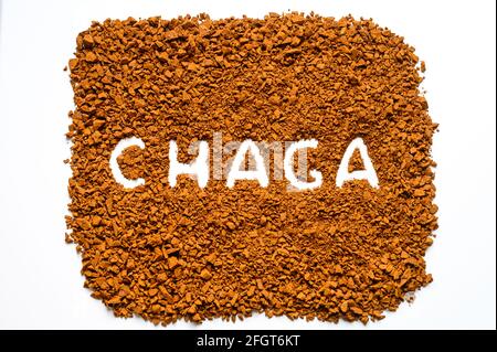 Chaga Pilz. Handgeschriebener Text Chaga in einem Haufen kleiner Fragmente von Birkenpilz Chaga auf weißem Hintergrund Stockfoto