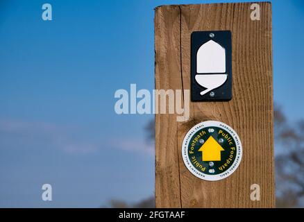 Befestigt an einem Holzpfosten auf einem Stiel, einer Richtungsmarkierung und einem weißen Eichellogo des Natural England National Trail, dem Hadrian's Wall Path. Stockfoto